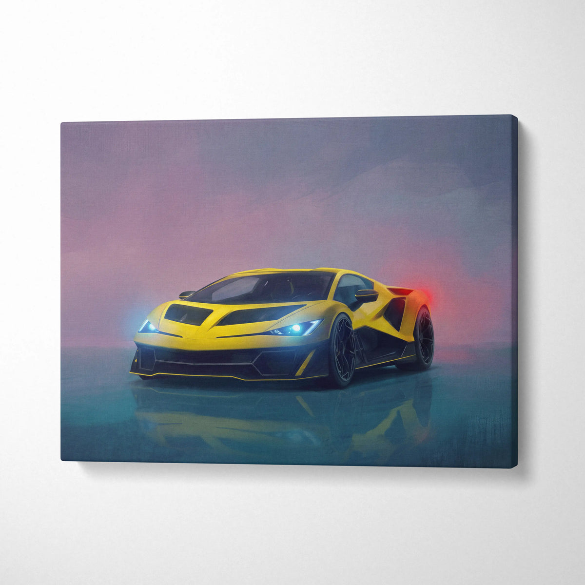 Lamborghini fenomeno inspired vibrant yellow and black canvas art featuring a sleek sports car with glowing headlights