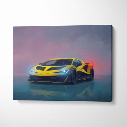 Lamborghini fenomeno inspired vibrant yellow and black canvas art featuring a sleek sports car with glowing headlights