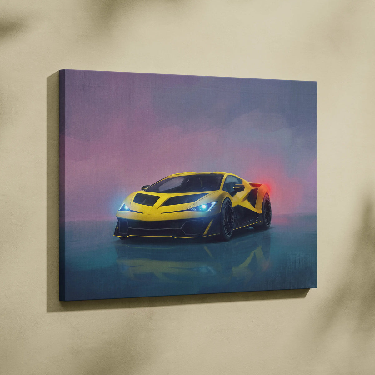 Vibrant yellow and black lamborghini fenomeno inspired canvas art featuring a futuristic sports car under neon lights