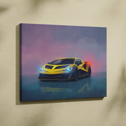 Vibrant yellow and black lamborghini fenomeno inspired canvas art featuring a futuristic sports car under neon lights