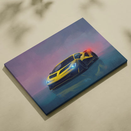 Lamborghini fenomeno inspired canvas art featuring a vibrant yellow sports car with glowing blue headlights and red taillights