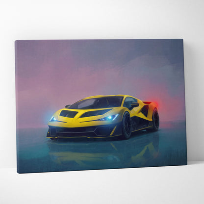 Lamborghini fenomeno inspired canvas art featuring vibrant yellow and black car with glowing blue headlights on premium wall decor