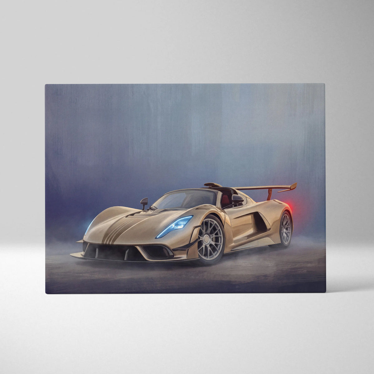 Hennessey Venom F5 inspired car wall art canvas painting print featuring a sleek gold hypercar with blue headlights
