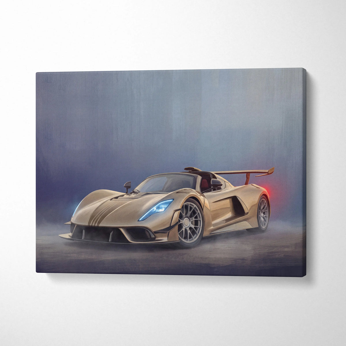 Gold-colored hennessey venom f5 inspired sports car painting on canvas wall art track edition print
