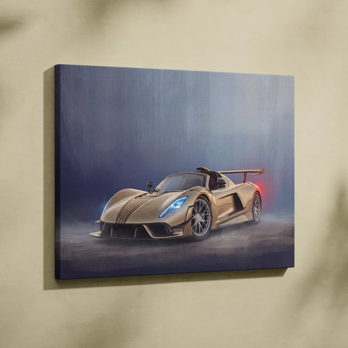 Canvas print of hennessey venom f5 inspired car wall art featuring a sleek gold hypercar with blue and red accent lights