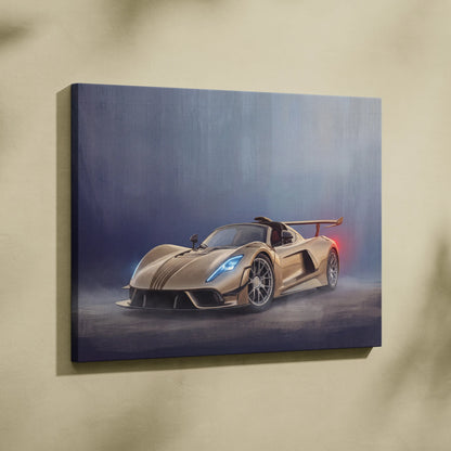 Canvas print of hennessey venom f5 inspired car wall art featuring a sleek gold hypercar with blue and red accent lights