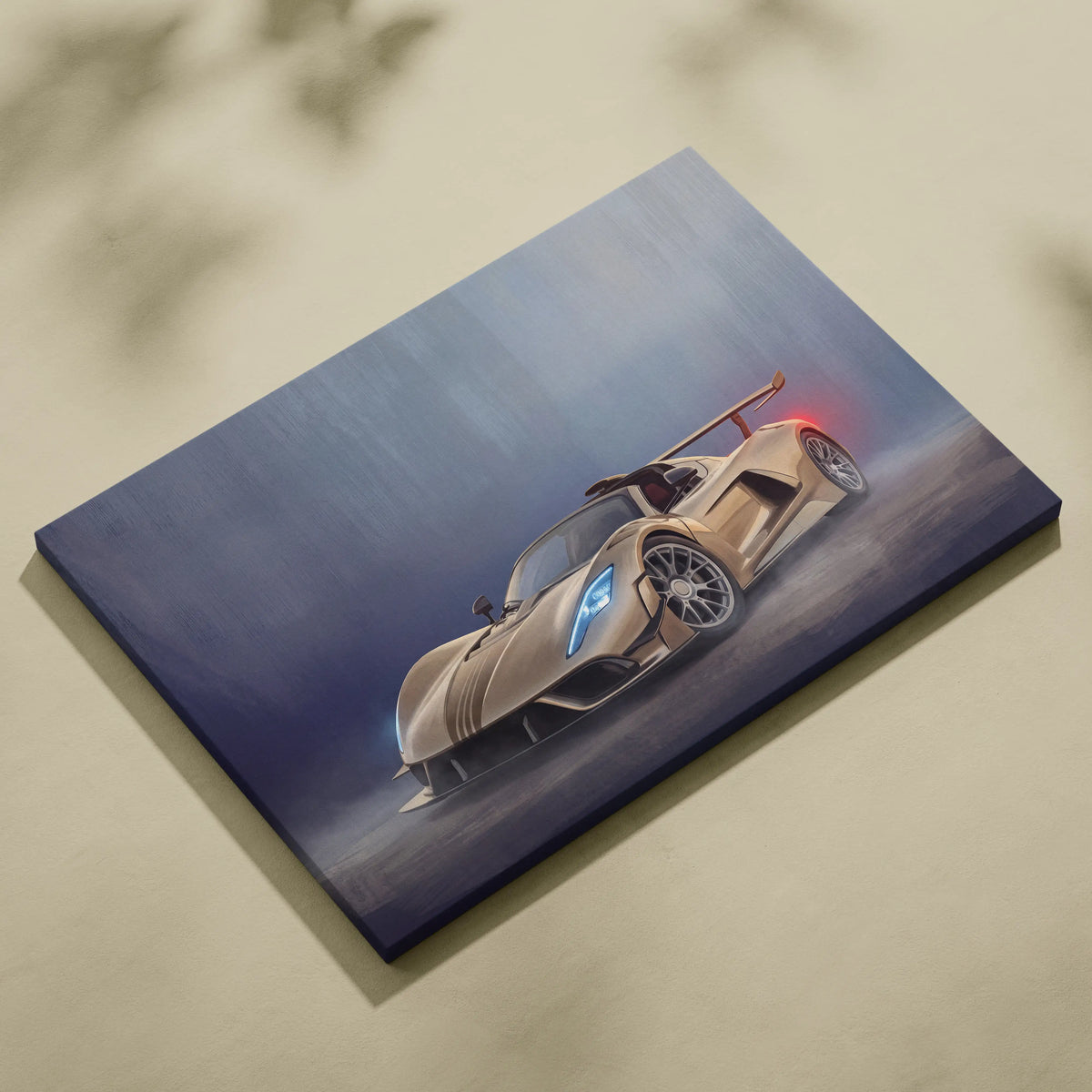 Canvas print of hennessey venom f5 inspired car wall art featuring a gold sports car with glowing blue headlights and red taillights