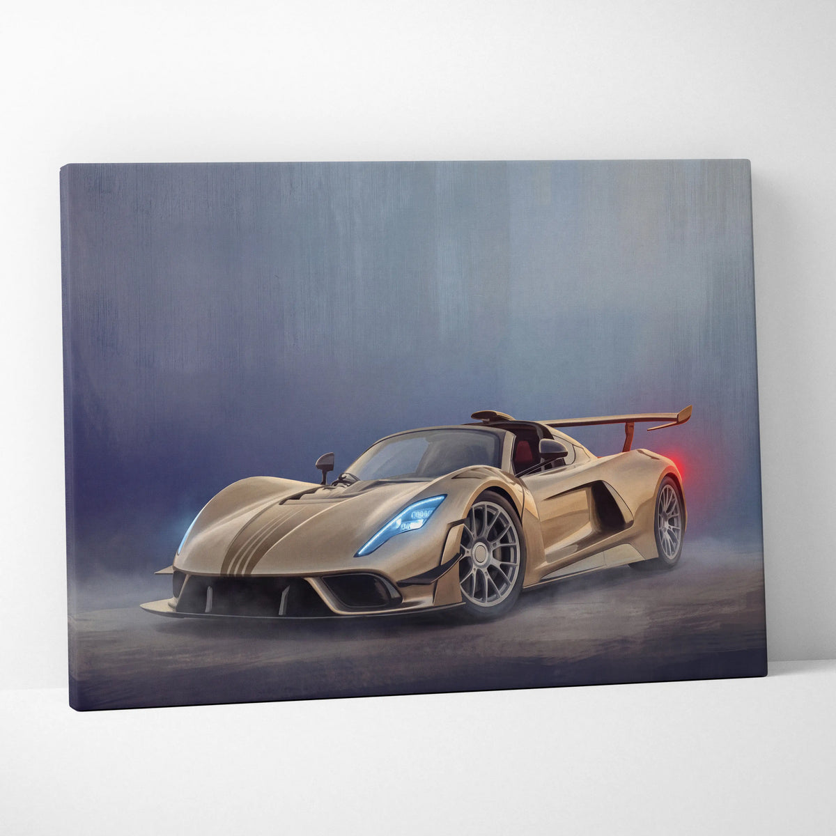 Gold-colored sleek hennessey venom f5 inspired sports car painting on canvas track edition wall art print
