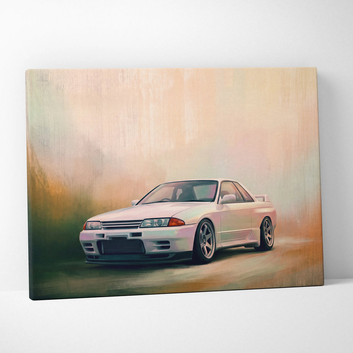 White Nissan Skyline GT-R R32 canvas print featuring a stylized painterly depiction for automotive wall art
