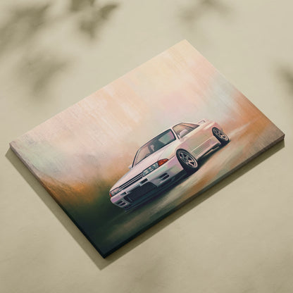 White nissan skyline gt-r r32 sports car in dynamic painterly style on stretched canvas automotive wall art