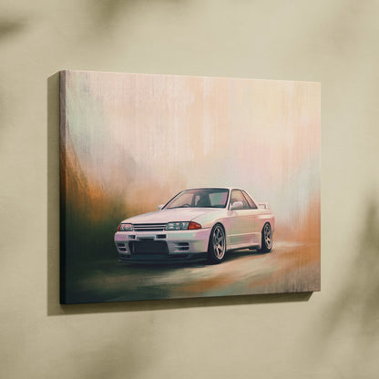 White nissan skyline gt-r r32 canvas print featuring a stylized painterly sports car on a soft gradient background
