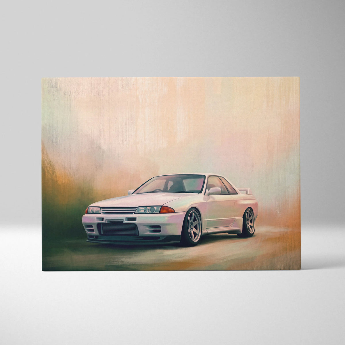 White nissan skyline gt-r r32 sports car wall art canvas painting in stylized illustration with warm-toned background