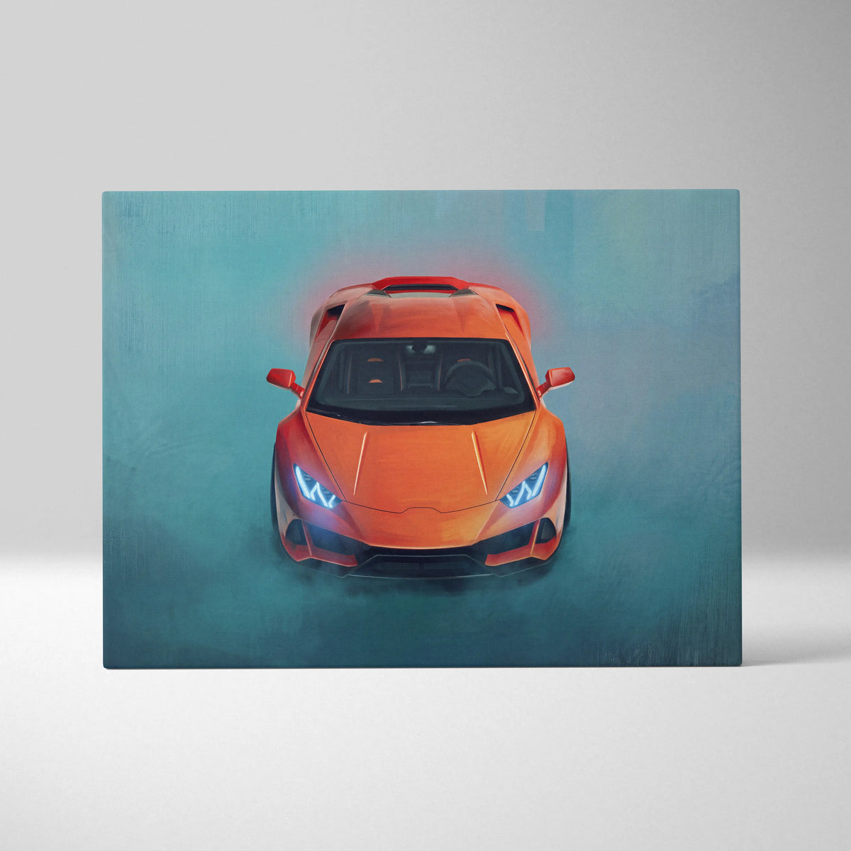 Lamborghini Huracán inspired automotive wall art featuring a vibrant orange sports car on a luxury supercar canvas print