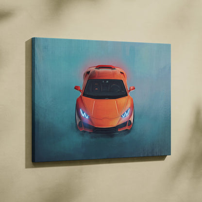 Vibrant orange lamborghini huracán stylized painting on canvas luxury supercar automotive wall art print