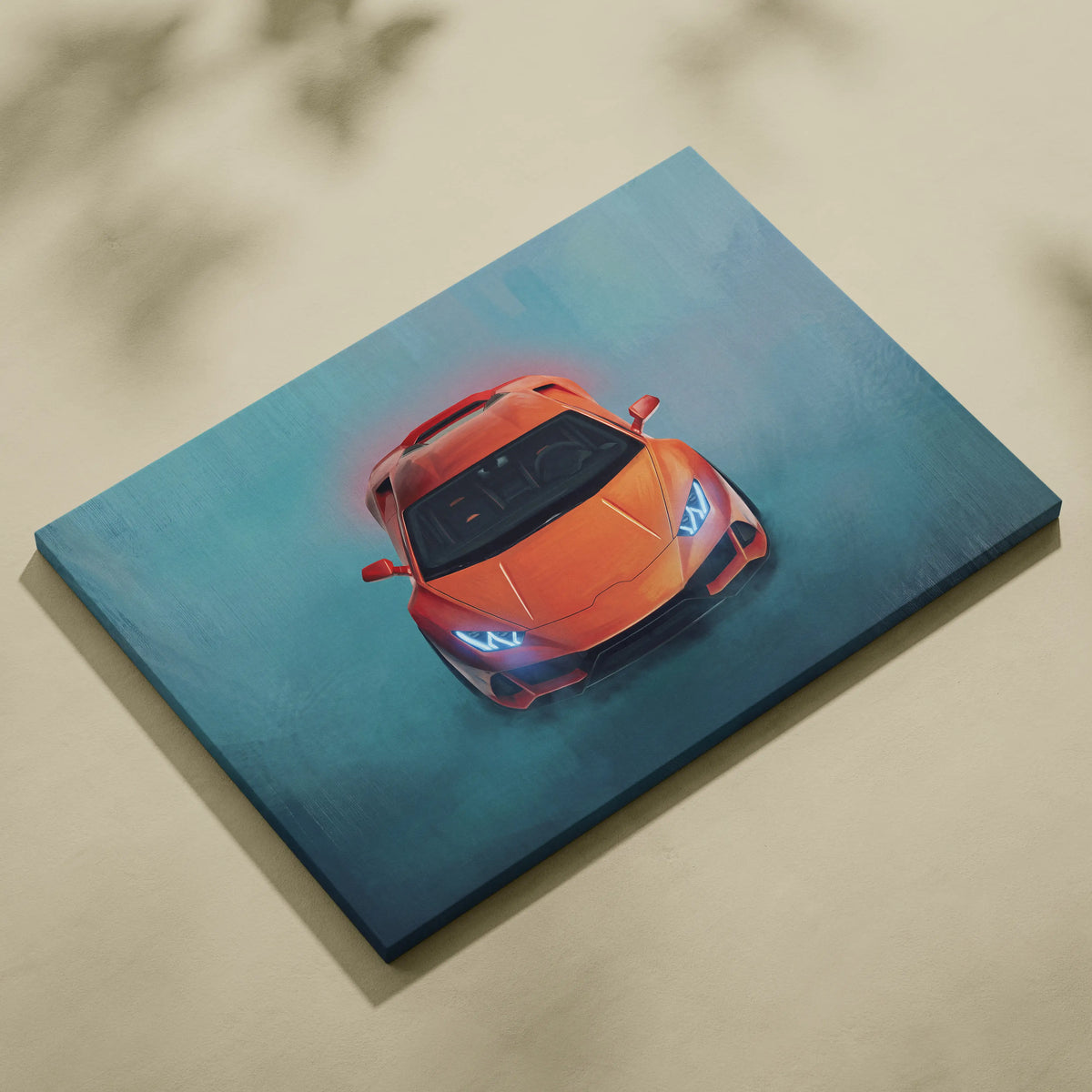Vibrant orange lamborghini huracán sports car illustration with glowing blue headlights on stretched canvas wall art
