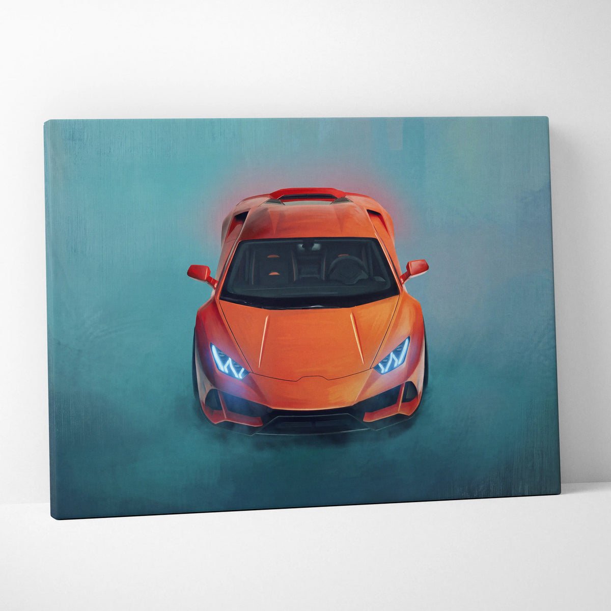 Vibrant orange lamborghini huracán canvas print with glowing blue headlights on teal gradient background luxury supercar wall art