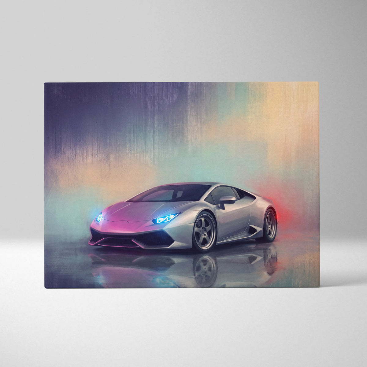 Silver Lamborghini Huracán inspired canvas art with neon lighting and reflective surfaces for premium wall decor