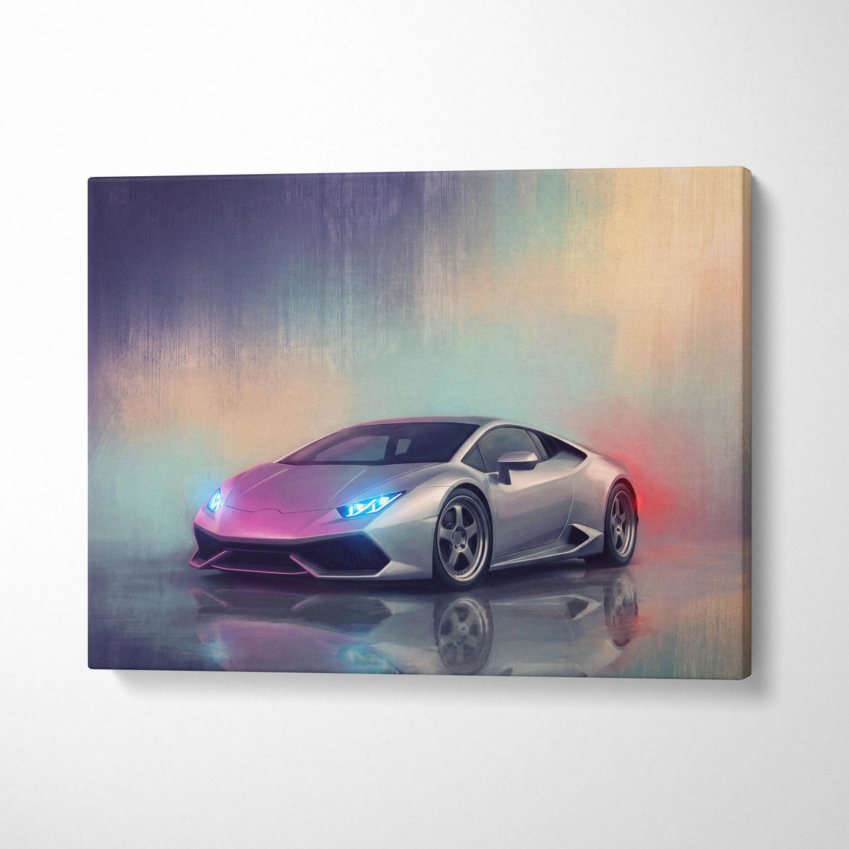 Silver Lamborghini Huracán inspired canvas art featuring neon-lit sports car for premium automotive wall decor