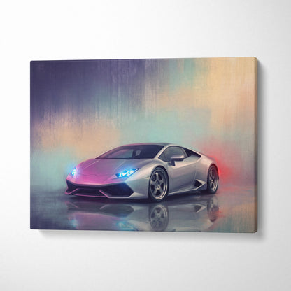 Silver Lamborghini Huracán inspired canvas art featuring neon-lit sports car for premium automotive wall decor