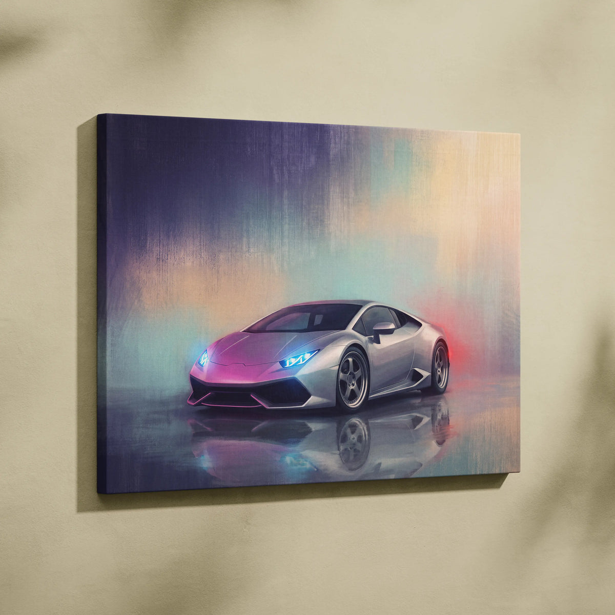 Silver Lamborghini Huracán canvas art with neon pink and blue lighting effects premium automotive wall decor