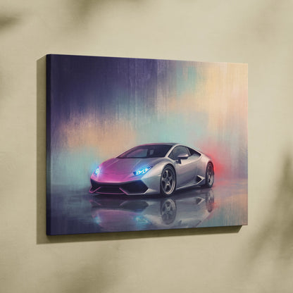 Silver Lamborghini Huracán canvas art with neon pink and blue lighting effects premium automotive wall decor