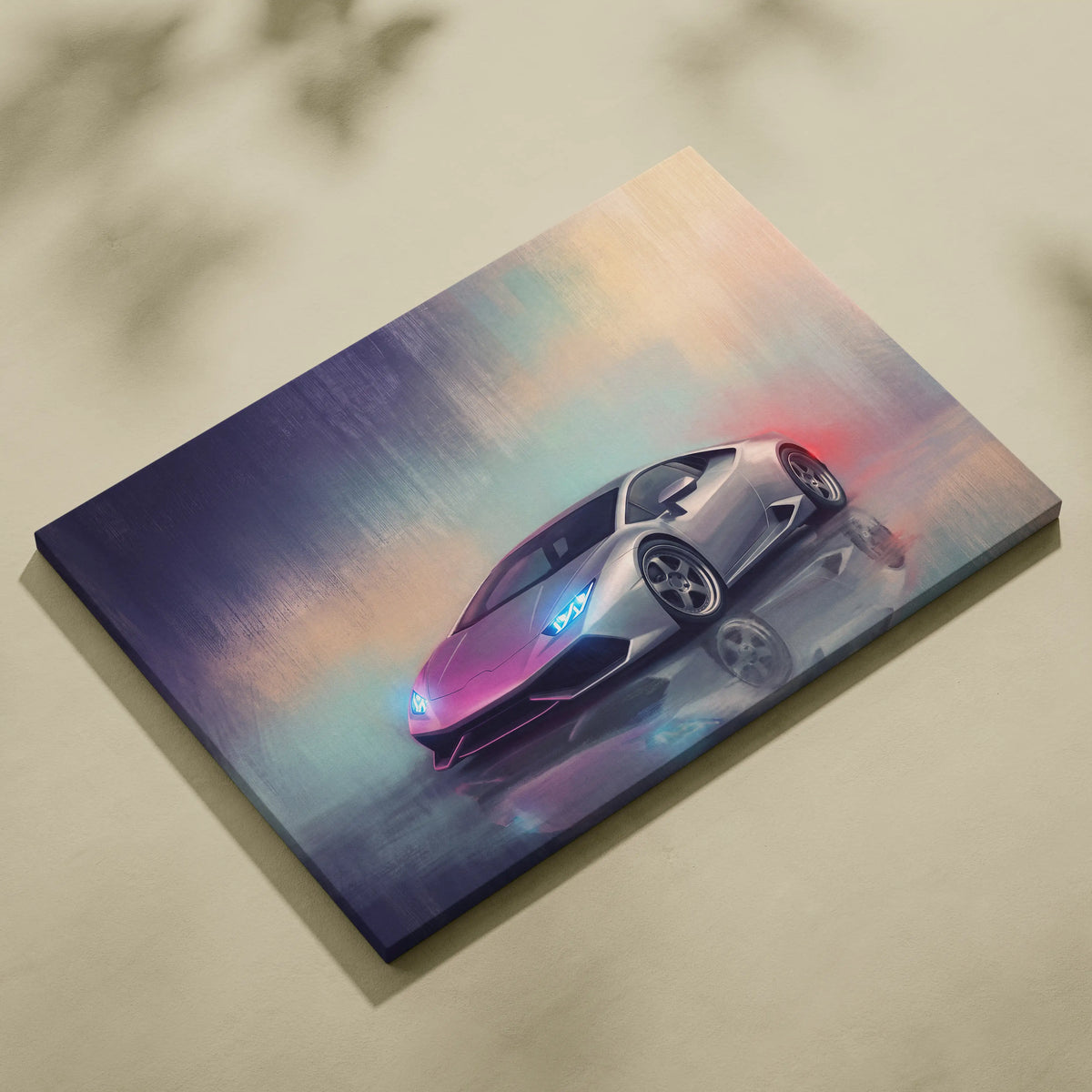 Silver Lamborghini Huracán canvas print with neon pink and blue lighting effects premium automotive wall decor