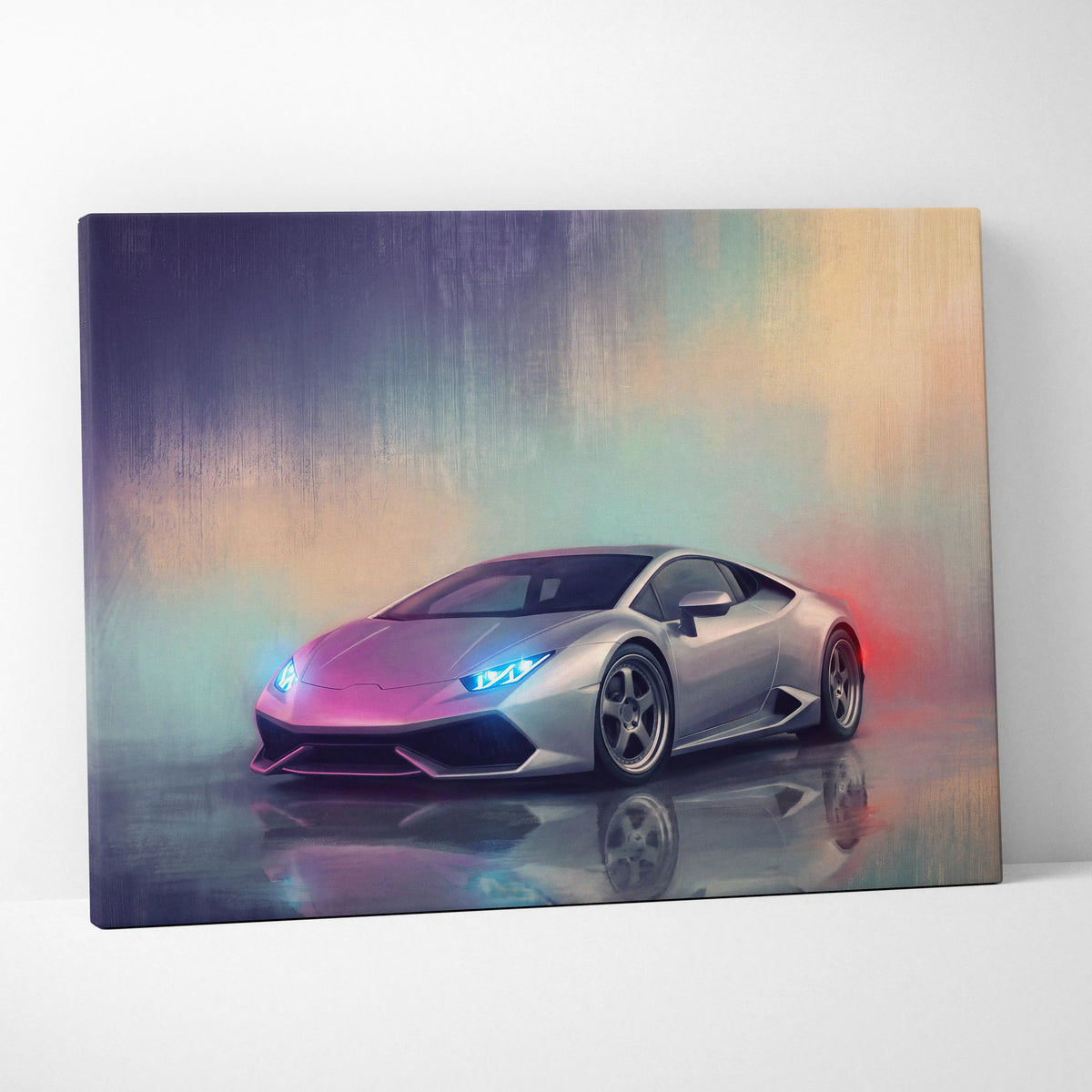 Silver Lamborghini Huracán sports car canvas print with glowing blue headlights and vibrant neon reflections wall decor