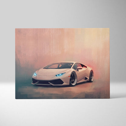 Lamborghini Huracán inspired supercar canvas art featuring a sleek off-white car with glowing blue headlights and black wheels