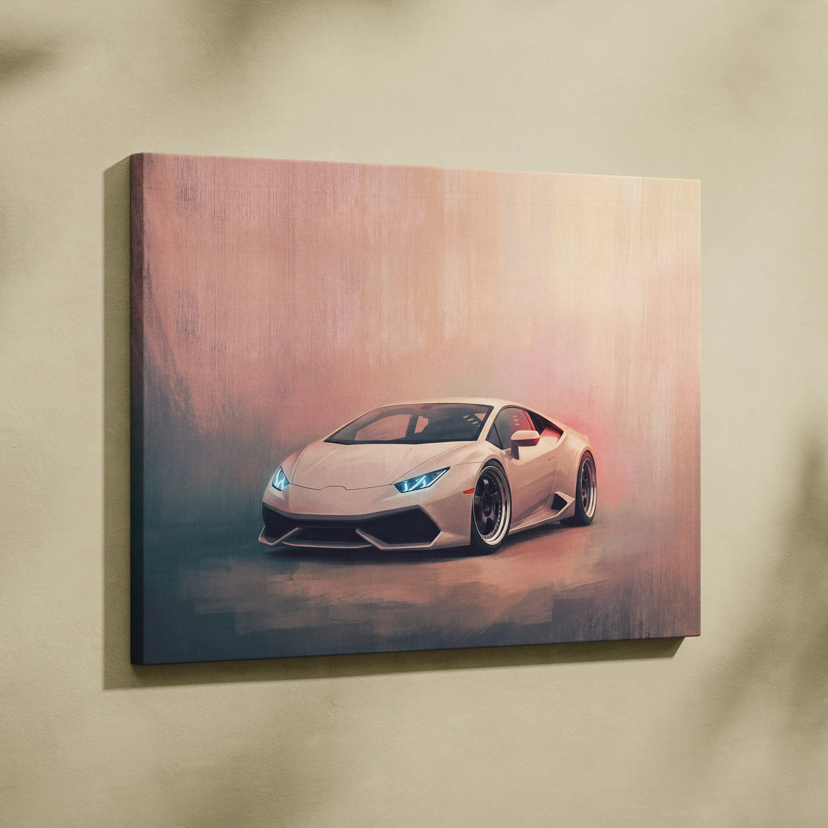 A canvas print of a sleek light beige Lamborghini Huracán with glowing blue headlights and black accents