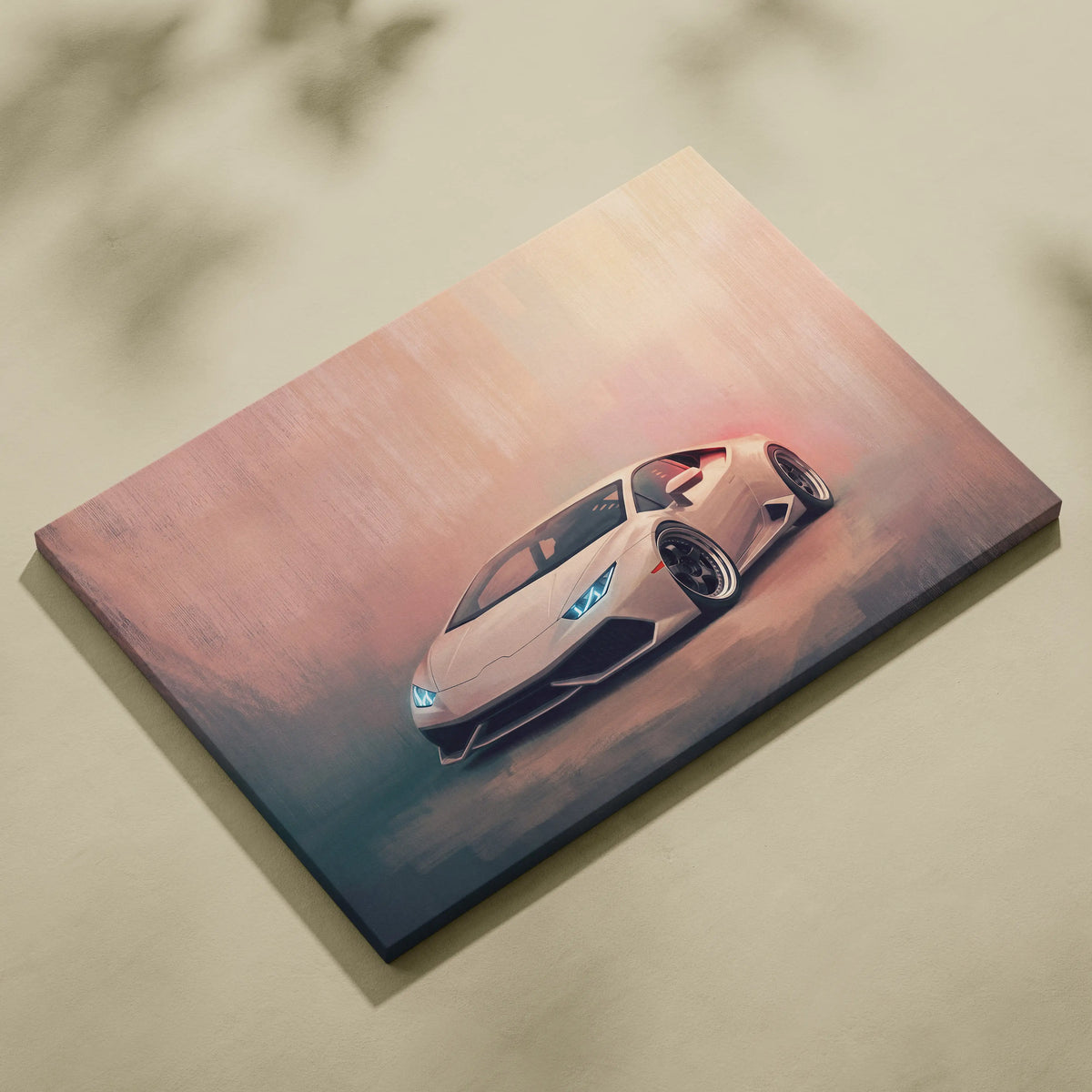 Lamborghini huracán inspired white canvas art print with glowing blue headlights and black rims on pink gray background