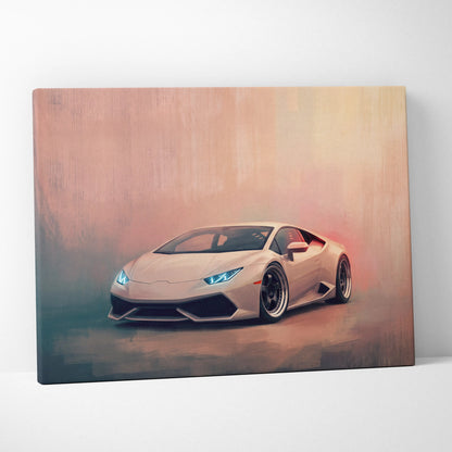 A sleek off-white Lamborghini Huracán inspired supercar canvas art print with glowing blue headlights and gradient background