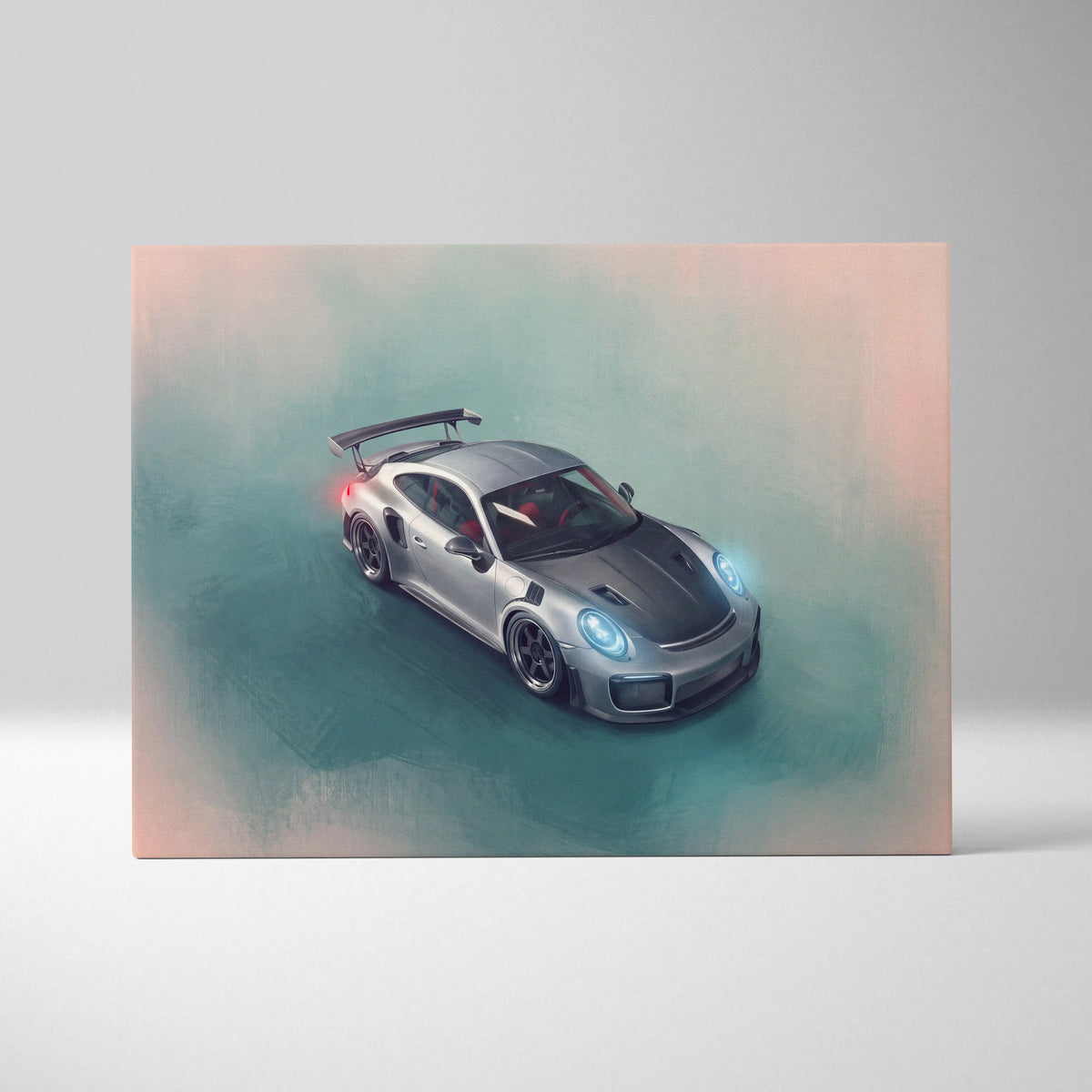 Silver and black porsche 911 gt2 rs inspired sports car canvas print with glowing blue headlights wall art