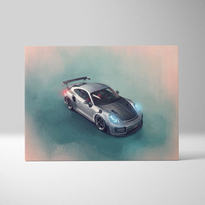 Silver and black porsche 911 gt2 rs inspired sports car canvas print with glowing blue headlights wall art