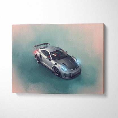 Silver and black Porsche 911 GT2 RS inspired luxury supercar canvas print with glowing blue headlights wall art