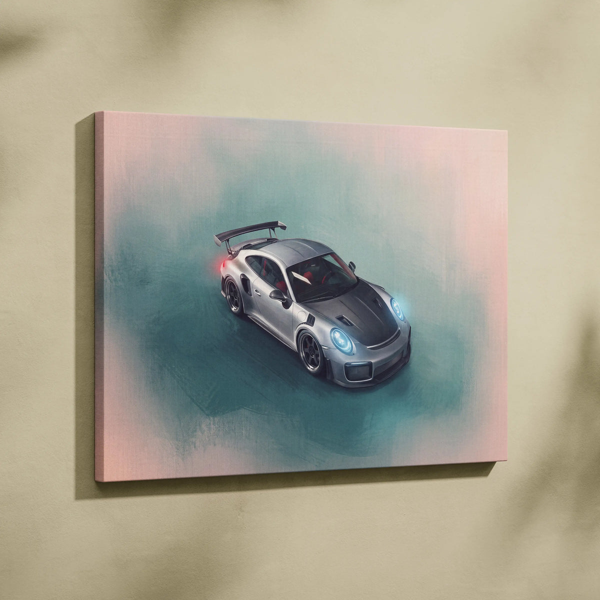 Silver and black porsche 911 gt3 rs sports car illustration on canvas luxury supercar wall art print