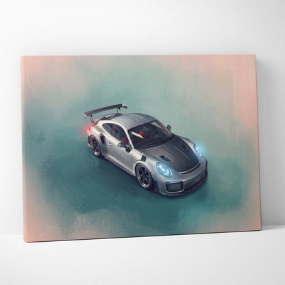 Silver and black porsche 911 gt2 rs inspired canvas print with glowing blue headlights luxury supercar wall art