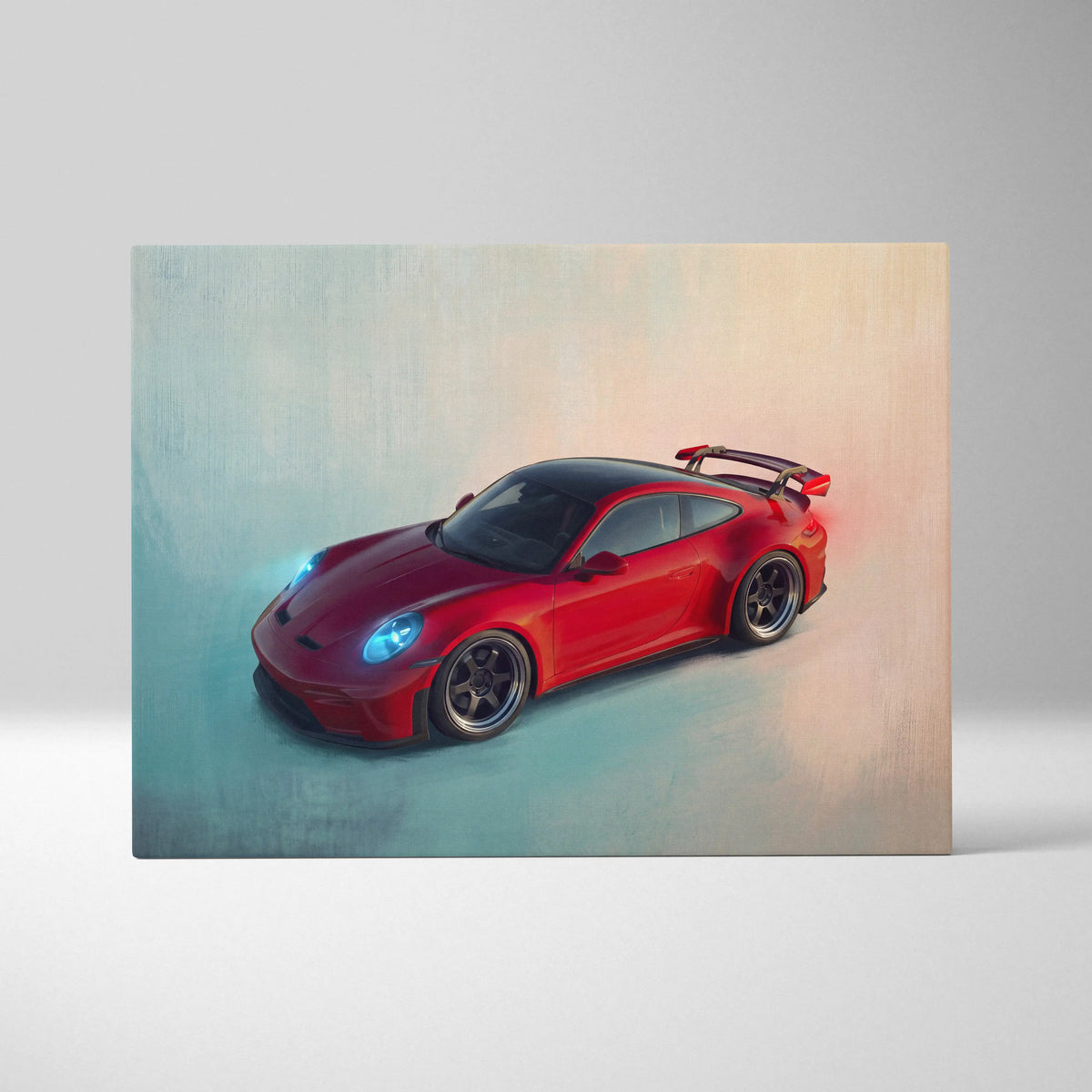 Vibrant red porsche 911 gt3 with black roof and racing spoiler stylized painting on canvas wall art print