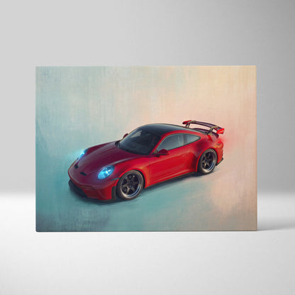 Vibrant red porsche 911 gt3 with black roof and racing spoiler stylized painting on canvas wall art print