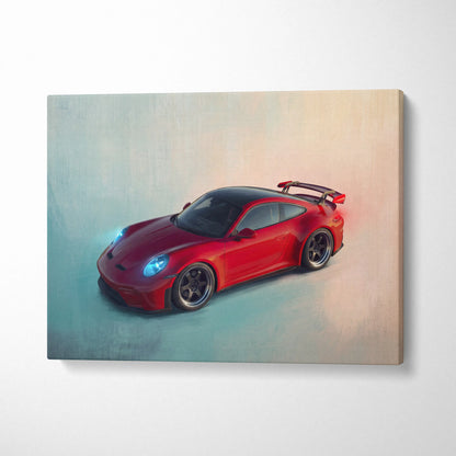 Red Porsche 911 GT3 inspired sports car with black roof and spoiler on canvas painting print for wall art