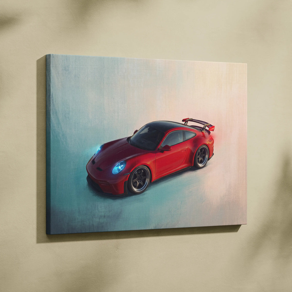 Red porsche 911 gt3 inspired sports car painting on canvas for wall art track edition print
