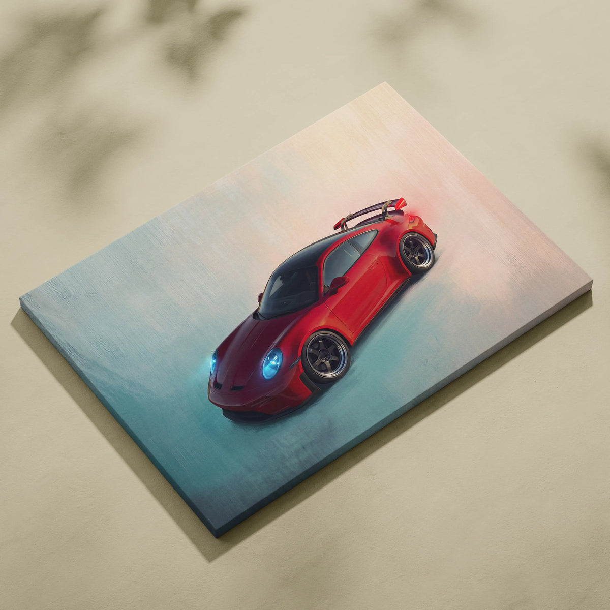 Porsche 911 GT3 inspired car wall art featuring vibrant red sports car with glowing blue headlights on stretched canvas