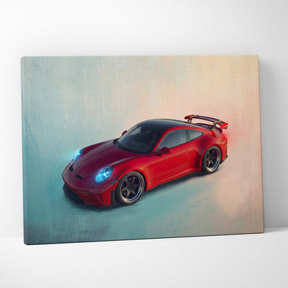 Vibrant red porsche 911 gt3 canvas print with glowing blue headlights and black roof for car wall art track edition