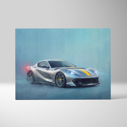 Silver Ferrari 812 Superfast with yellow racing stripes and black accents in dynamic studio painting canvas art print