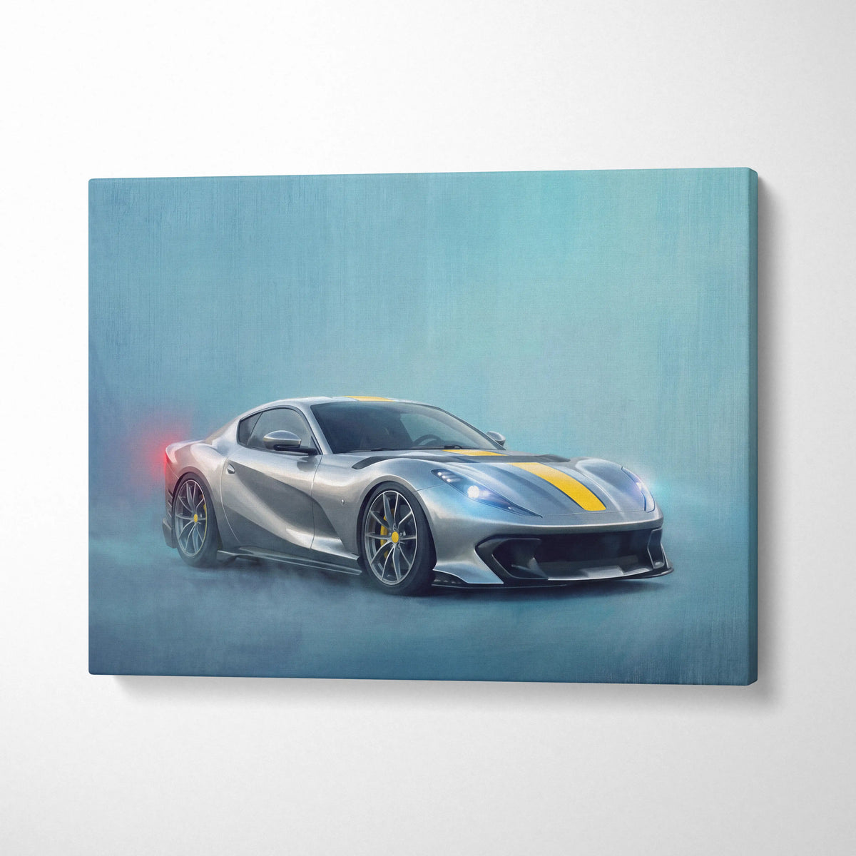 Silver ferrari 812 competizione inspired supercar canvas art with yellow racing stripes and black rims in dynamic pose