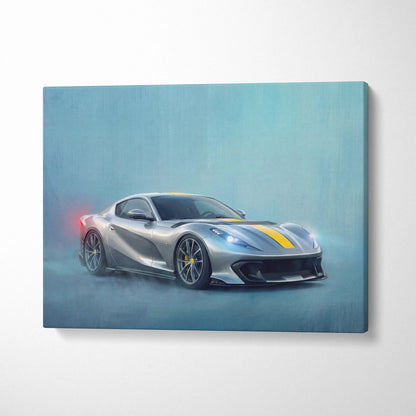 Silver ferrari 812 competizione inspired supercar canvas art with yellow racing stripes and black rims in dynamic pose