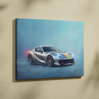 Silver ferrari 812 superfast sports car canvas art with yellow racing stripes and glowing headlights wall print
