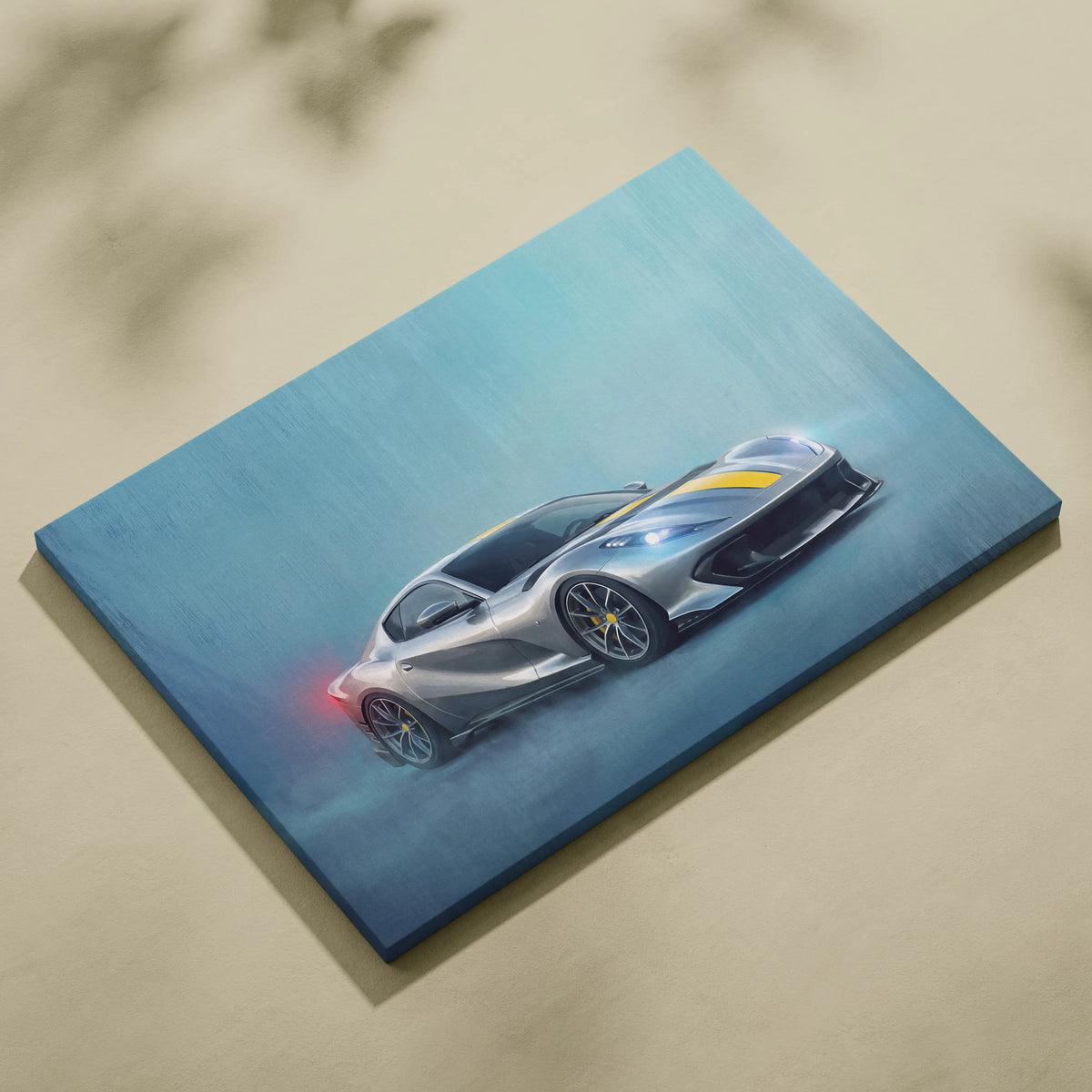 Silver and yellow Ferrari 812 Competizione inspired supercar canvas print custom car wall art decor