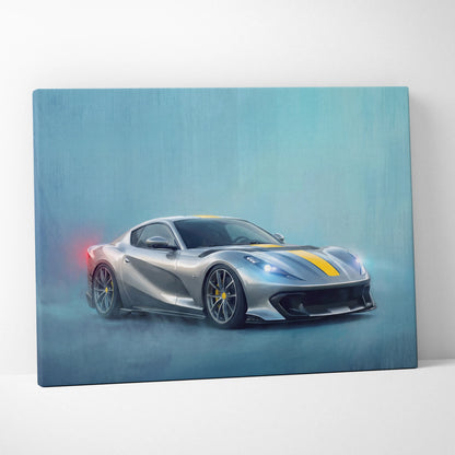 Silver Ferrari 812 superfast sports car canvas print with yellow racing stripes and glowing headlights wall art