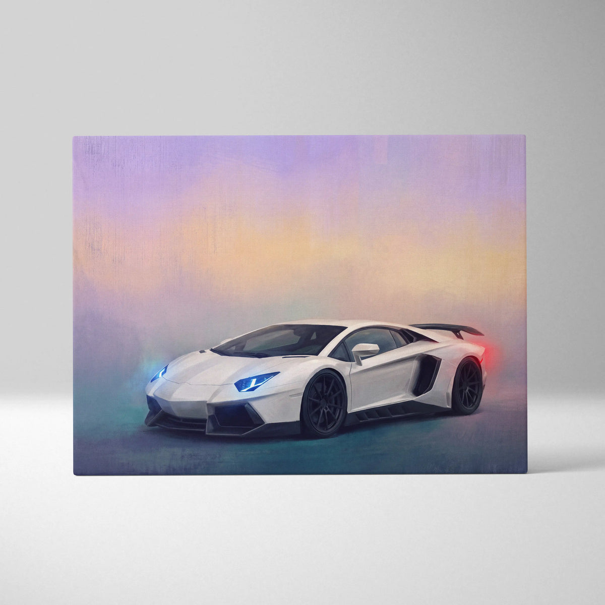 White lamborghini aventador svj inspired automotive wall art with glowing blue headlights on luxury supercar canvas print