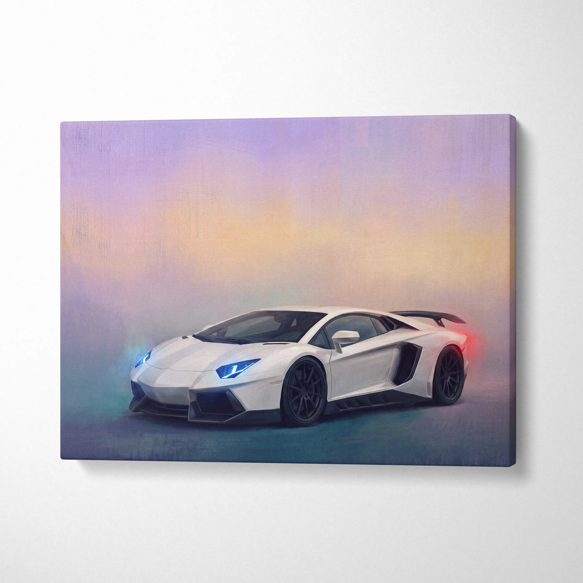 Lamborghini aventador svj inspired white canvas print with glowing blue headlights and purple orange sky background